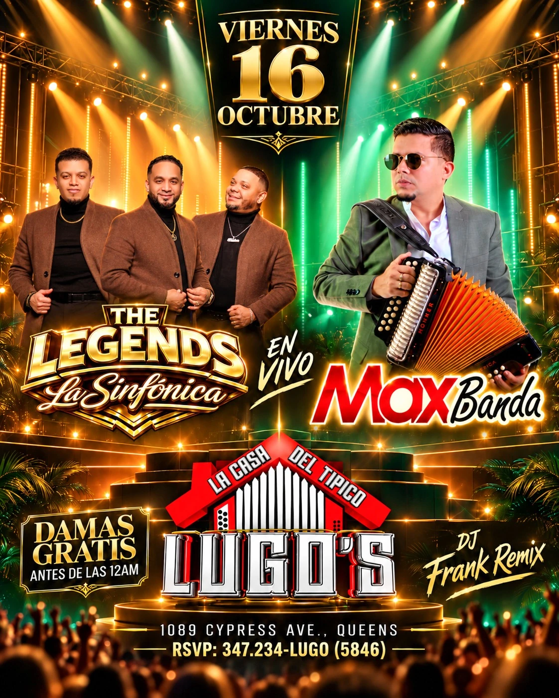 Friday October 16 event flyer: The Legends La Sinfonica and MaxBanda live at Lugo's