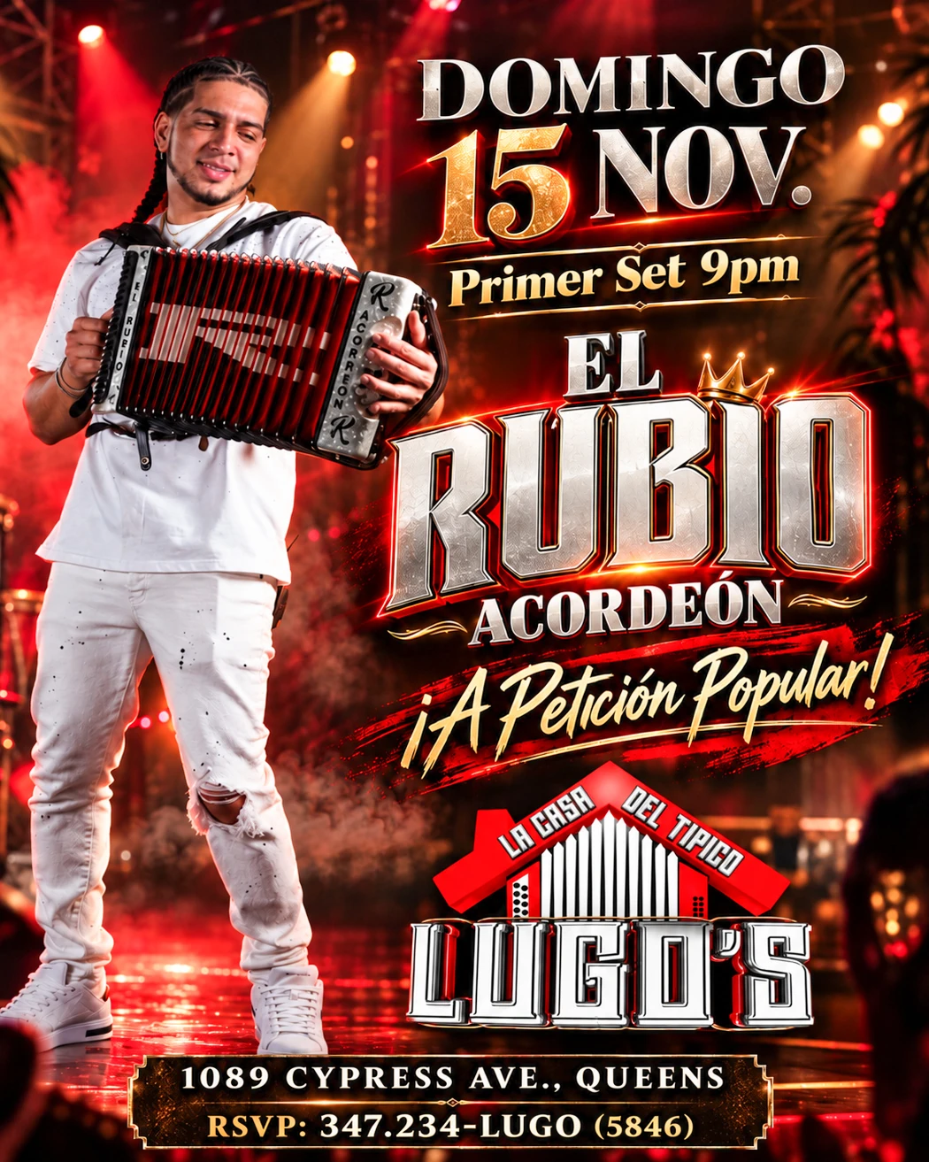 Sunday November 15 event flyer: El Rubio Acordeon at Lugo's